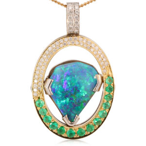 Yellow Gold and White Gold blue green purple Boulder Opal diamond and emerald pendant