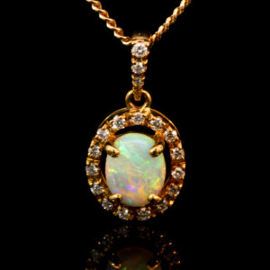 Yellow Gold Blue Green Orange Solid Australian Crystal Opal and Diamond Pendant Necklace