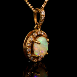 Yellow Gold Blue Green Orange Solid Australian Crystal Opal and Diamond Pendant