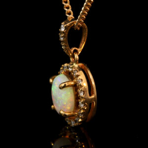 Yellow Gold Blue Green Orange Solid Australian Crystal Opal and Diamond Pendant