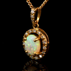 Yellow Gold Blue Green Orange Solid Australian Crystal Opal and Diamond Pendant