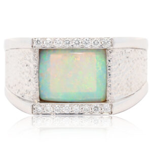 White Gold Blue Green Yellow Orange Solid Australian Crystal Opal and Diamond Mens Ring