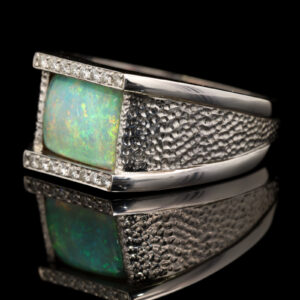 White Gold Blue Green Yellow Orange Solid Australian Crystal Opal and Diamond Mens Ring