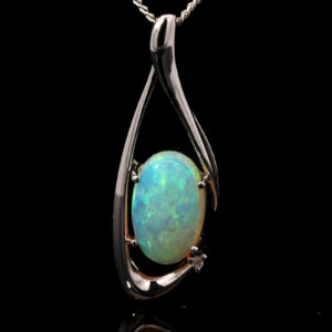 White Gold Blue Green Solid Australian Crystal Opal and Diamond Pendant Necklace