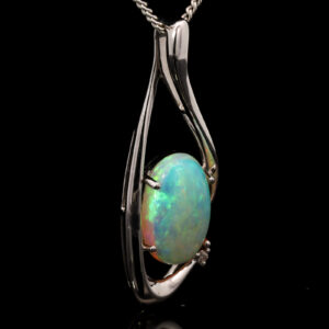 White Gold Blue Green Solid Australian Crystal Opal and Diamond Pendant Necklace