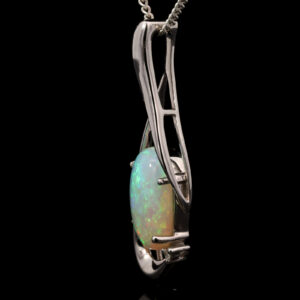 White Gold Blue Green Solid Australian Crystal Opal and Diamond Pendant Necklace