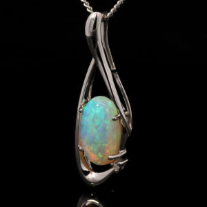 White Gold Blue Green Solid Australian Crystal Opal and Diamond Pendant Necklace