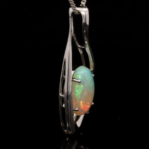 White Gold Blue Green Solid Australian Crystal Opal and Diamond Pendant Necklace