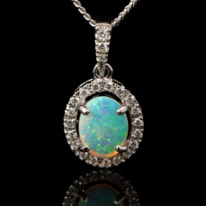 White Gold Blue Green Solid Australian Crystal Opal and Diamond Pendant