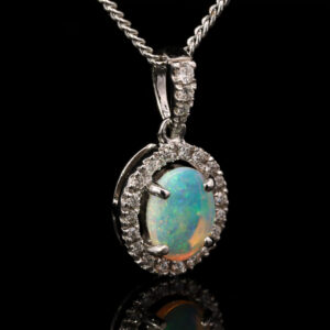 White Gold Blue Green Solid Australian Crystal Opal and Diamond Pendant