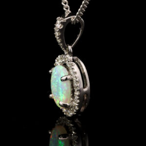 White Gold Blue Green Solid Australian Crystal Opal and Diamond Pendant