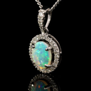 White Gold Blue Green Solid Australian Crystal Opal and Diamond Pendant