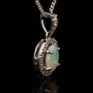 White Gold Blue Green Solid Australian Crystal Opal and Diamond Pendant Necklace