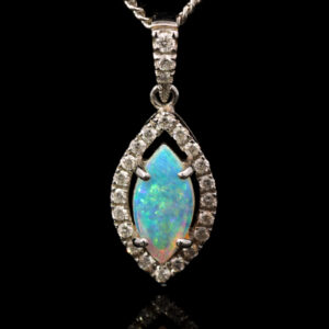 White Gold Blue Green Solid Australian Crystal Opal and Diamond Pendant Necklace