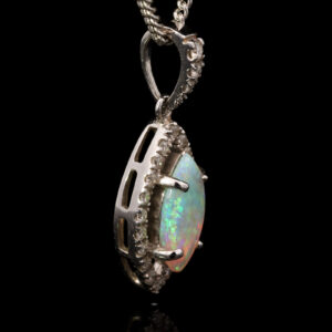 White Gold Blue Green Solid Australian Crystal Opal and Diamond Pendant Necklace