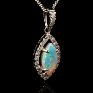 White Gold Blue Green Solid Australian Crystal Opal and Diamond Pendant Necklace