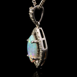 White Gold Blue Green Solid Australian Crystal Opal and Diamond Pendant Necklace