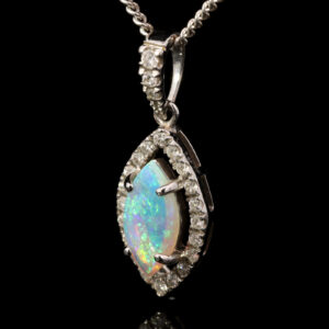 White Gold Blue Green Solid Australian Crystal Opal and Diamond Pendant Necklace