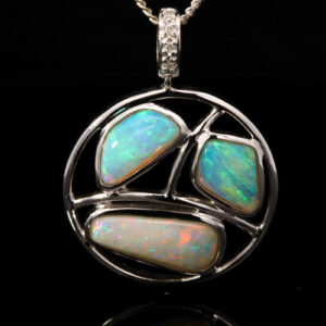 White Gold Blue Orange Red Green Solid Australian Crystal Opal and Diamond Pendant Necklace