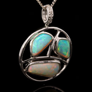 White Gold Blue Orange Red Green Solid Australian Crystal Opal and Diamond Pendant Necklace