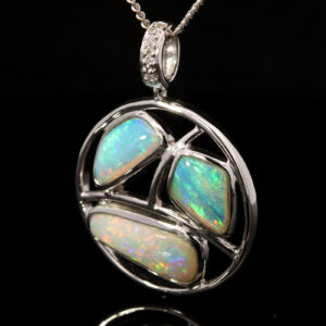 White Gold Blue Orange Red Green Solid Australian Crystal Opal and Diamond Pendant Necklace