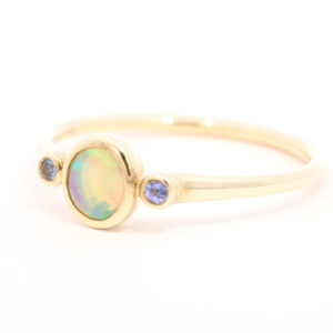 Yellow Gold Blue Green Yellow Solid Australian Crystal Opal and Topaz Engagement Ring