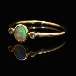 Yellow Gold Blue Green Yellow Solid Australian Crystal Opal and Topaz Engagement Ring