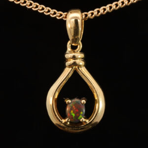 Yellow Gold Green Yellow Orange Red Solid Australian Black Opal Pendant Necklace