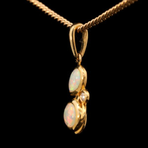 Yellow Gold Blue Green Yellow Orange Red Solid Australian Crystal Opal and Diamond Pendant Necklace
