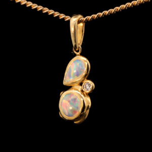 Yellow Gold Blue Green Yellow Orange Red Solid Australian Crystal Opal and Diamond Pendant Necklace