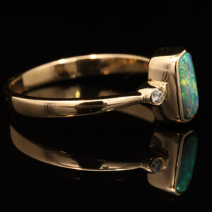 Yellow Gold Blue Green Yellow Orange Solid Australian Black Opal and Diamond Engagement Ring