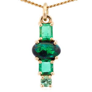 Yellow Gold Blue Green Solid Australian Black Opal and Emerald Pendant Necklace