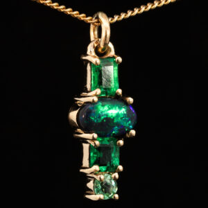Yellow Gold Blue Green Solid Australian Black Opal and Emerald Pendant Necklace