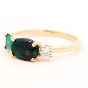 Yellow Gold Blue Green Solid Australian Black Opal Emerald and Diamond Engagement Ring