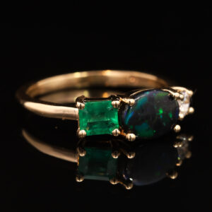 Yellow Gold Blue Green Solid Australian Black Opal Emerald and Diamond Engagement Ring