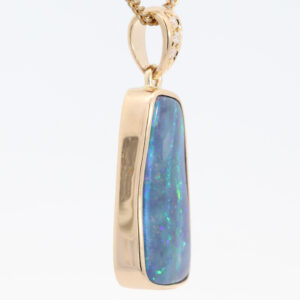 Yellow Gold Blue Green Purple Solid Australian Boulder Opal and Diamond Pendant Necklace