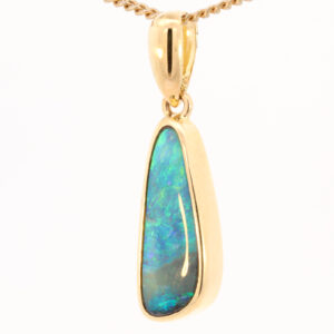 Yellow Gold Blue Green Solid Australian Boulder Opal Pendant Necklace