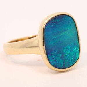 Yellow Gold Blue Green Solid Australian Boulder Opal Engagement Ring