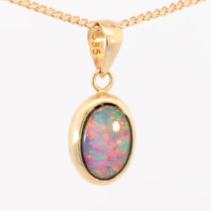 Yellow Gold Blue Green Yellow Orange Pink Australian Doublet Opal Pendant Necklace