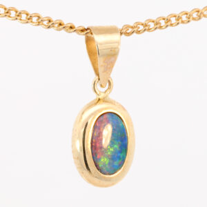 Yellow Gold Blue Green Yellow Orange Red Australian Doublet Opal Pendant Necklace