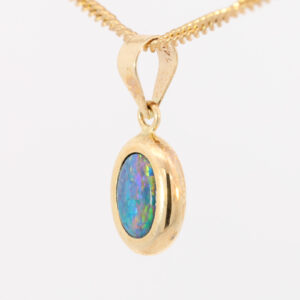 Yellow Gold Blue Green Yellow Orange Red Australian Doublet Opal Pendant Necklace