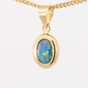 Yellow Gold Blue Green Yellow Orange Red Australian Doublet Opal Pendant Necklace