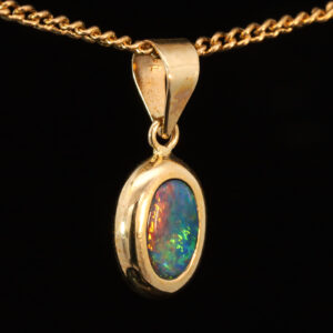 Yellow Gold Blue Green Yellow Orange Red Australian Doublet Opal Pendant Necklace