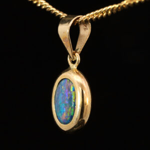 Yellow Gold Blue Green Yellow Orange Red Australian Doublet Opal Pendant Necklace