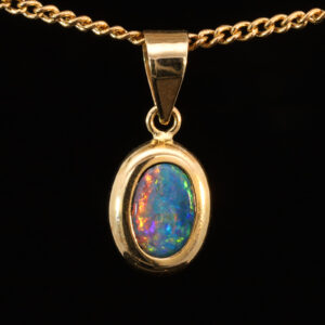 Yellow Gold Blue Green Yellow Orange Red Australian Doublet Opal Pendant Necklace