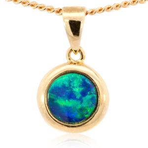 Yellow Gold Blue Green Australian Doublet Opal Pendant Necklace