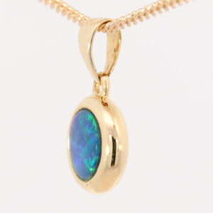 Yellow Gold Blue Green Australian Doublet Opal Pendant Necklace