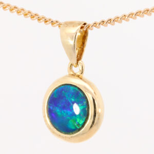 Yellow Gold Blue Green Australian Doublet Opal Pendant Necklace