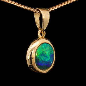 Yellow Gold Blue Green Australian Doublet Opal Pendant Necklace