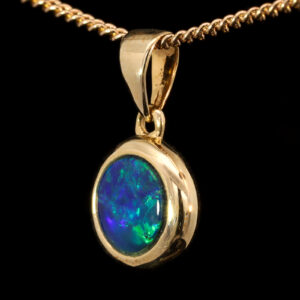 Yellow Gold Blue Green Australian Doublet Opal Pendant Necklace